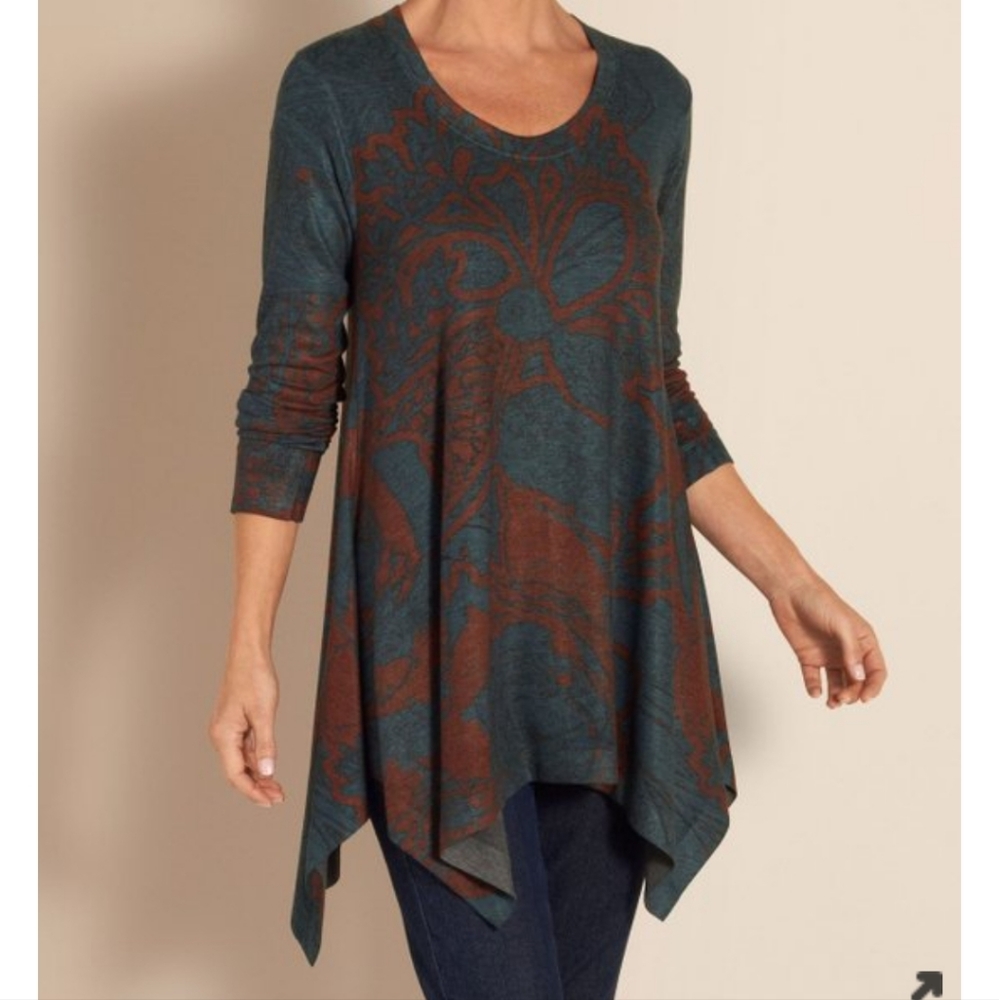 Soft Surroundings | Deep Teal/Burnt Orange Floral Long Sleeve Renaissance Tunic